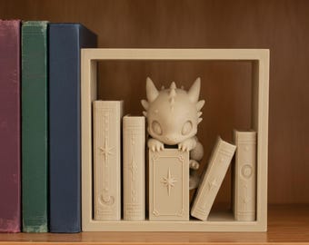 Baby Dragon Bookend, Book Nook Diorama with Mini Spellbooks, Fantasy Bookshelf Decor, 4.6 in