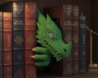 Green Dragon Book Nook, Dragon Head Bookend with Claws, Fantasy Bookshelf Decor 17 cm