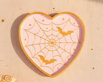 Spiderweb Heart Trinket Dish, Pink Gold Halloween Candy Bowl with Bats, 17.5 cm / 6.9 in