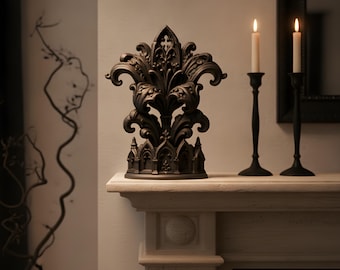 Gothic Cathedral Sculpture with Baroque Fleur-de-Lis Scrollwork, 21 cm Statue for Shelf and Mantel