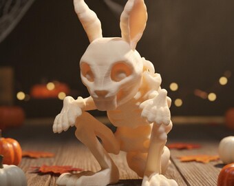 Articulated Skeleton Bunny Figurine, Gothic Halloween Rabbit Decor with Poseable Joints, 3 in