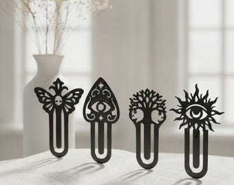 Gothic Bookmark Set of 4, Sun Eye Moon Tree Skull Moth Amulet, Black Clip-On Book Markers