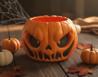 Pumpkin Candy Bowl with Lid and Ghost Figure, Halloween Jack-O-Lantern Storage Box Decor, 17 cm