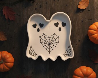 Ghost Trinket Dish Black White, Halloween Candy Bowl with Heart Spiderweb, Jewelry Dish 7 in