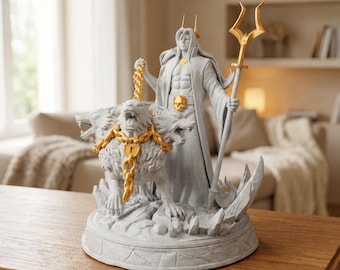 Estátua de Hades em mármore com detalhes em ouro, 26 cm, deus grego do submundo.