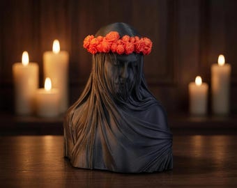 Busto velado com rosas, figura gótica de luto de 16 cm em preto e laranja.