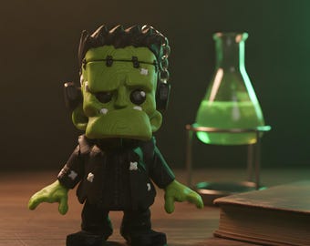 Frankenstein Keychain Mini Figure Green Black, Gothic Halloween Bag Charm with Neck Bolts