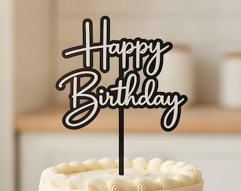 Personalized Cake Topper with Custom Name, Black White Birthday Cake Decoration, 4 Font Styles