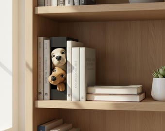 Dog Book Nook Bookend, Cream & Brown Puppy Siblings, 3D Printed Shelf Decor for Dog Lovers