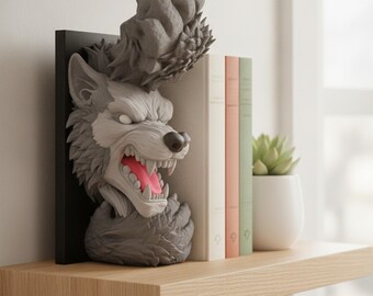 Werewolf Book Nook Bookend Grey, Horror Wolf Head with Claws for Bookshelf, 17.5 cm