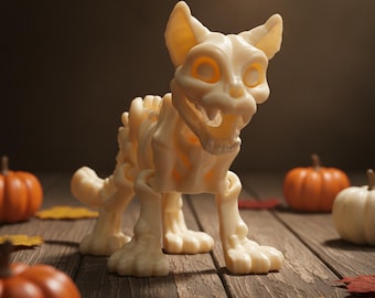 Skeleton Cat Figurine in Ivory, 3D Printed Gothic Halloween Decor for Cat Lovers