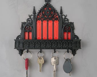 Porta-chaves catedral, preto e vermelho, gancho de parede gótico de 17 cm para corredor
