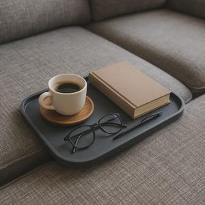 Könnte beinhalten: Ein rechteckiges, dunkelgraues Tablett mit einer weißen Keramik-Kaffeetasse auf einem runden Holzuntersetzer, einem beigen Hardcover-Buch, einer schwarz umrandeten Brille und einem dünnen schwarzen Stift. Das Tablett hat eine strukturierte Oberfläche.