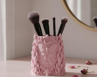 Gothic Crystal Brush Holder Luna Moth – Vanity Pen Holder with Crescent Moon, Pink or Black
