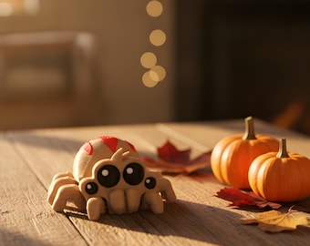 Spider Keychain Mini Figure Tan Red, Cute Gothic Halloween Bag Charm with Big Eyes