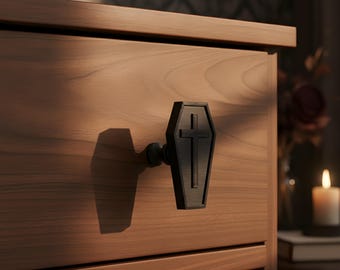 Coffin Cabinet Knob, Gothic Drawer Pull with Cross Relief, Custom Color 3D Print