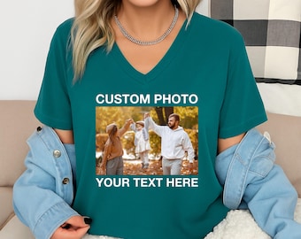 Custom Image V-Neck Shirt, Personalized Family Photo Shirt, Custom Photo V-Neck Shirt, Sports Team Logo Outfit, Custom Saying V-neck Shirt