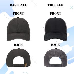 Puede incluir: Dos gorras de b&eacute;isbol negras, una con malla en la parte posterior y otra sin ella. Las gorras se muestran desde el frente y la parte posterior. El texto "Baseball" y "Trucker" se muestra sobre las gorras.
