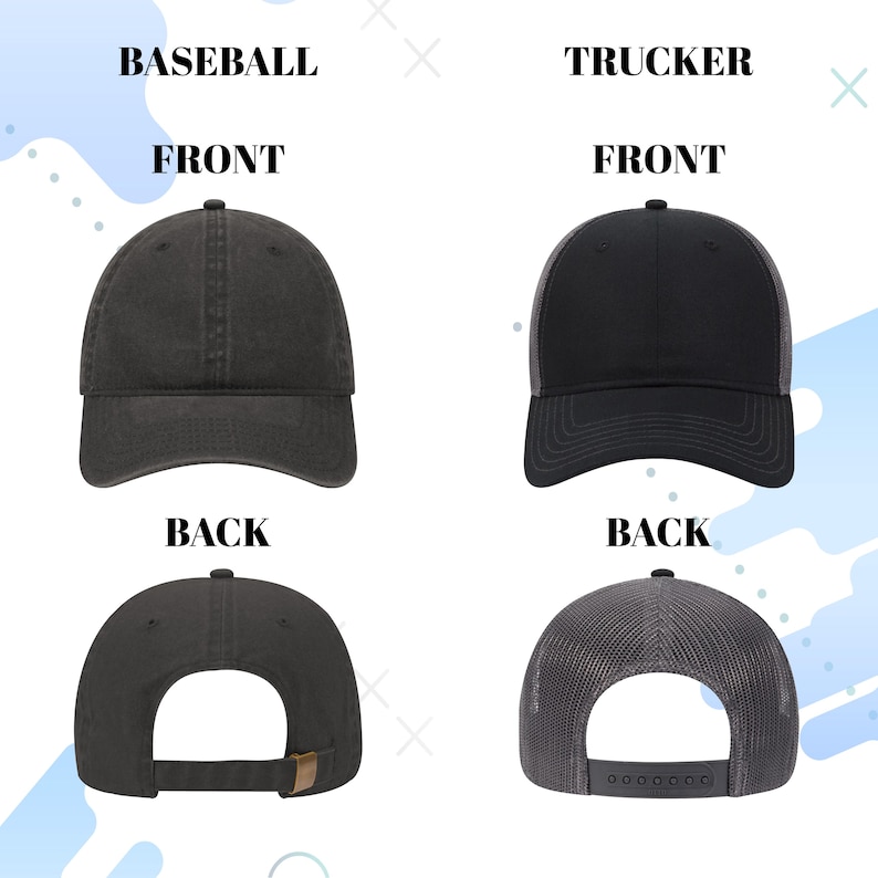 Puede incluir: Dos gorras de b&eacute;isbol negras, una con malla en la parte posterior y otra sin ella. Las gorras se muestran desde el frente y la parte posterior. El texto "Baseball" y "Trucker" se muestra sobre las gorras.