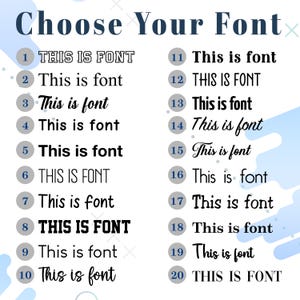May include: An image with the text "Choose Your Font" at the top. Below, twenty font examples are displayed, each numbered and showing the phrase "This is font" in various styles. The background has a light blue and white design.