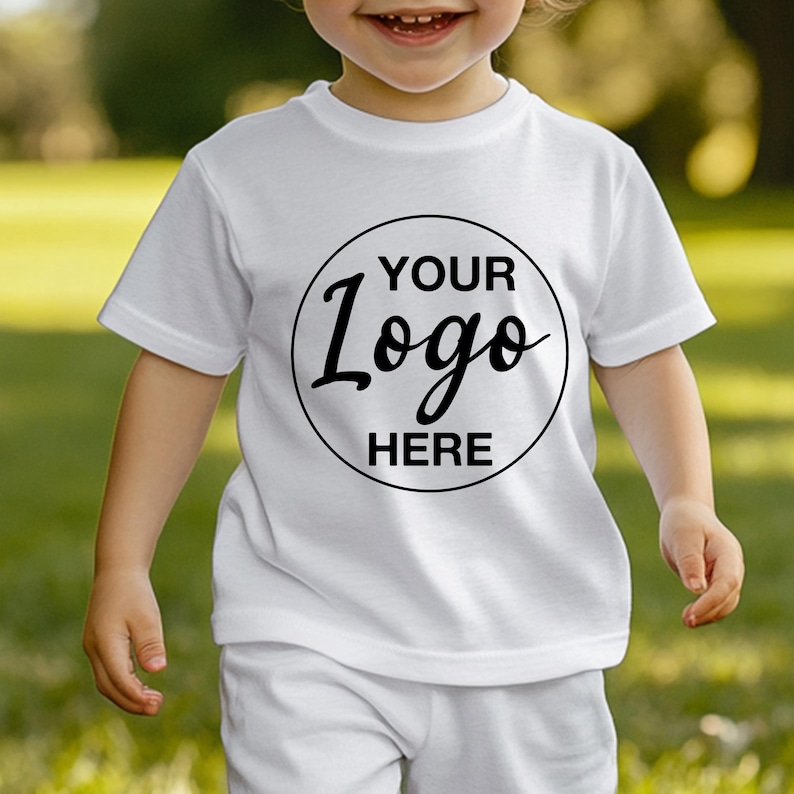May include: White short-sleeved t-shirt featuring a black circular graphic with the text "YOUR Logo HERE". The t-shirt is worn by a child, with a blurred green background.