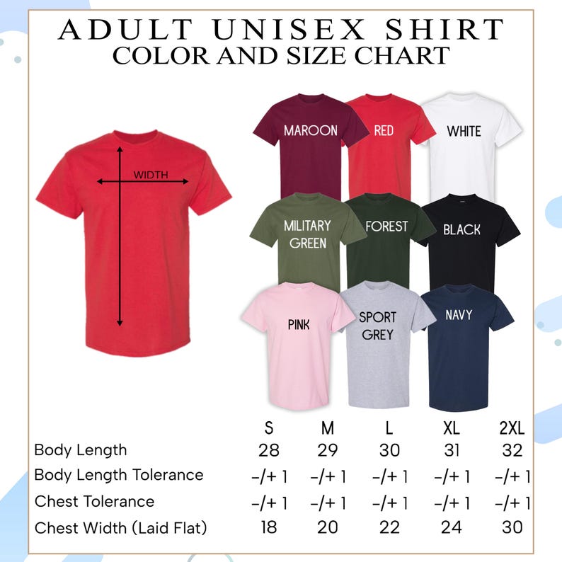 The image is a color and size chart for adult unisex t-shirts. It displays various t-shirt designs in different colors and sizes, along with their corresponding measurements.