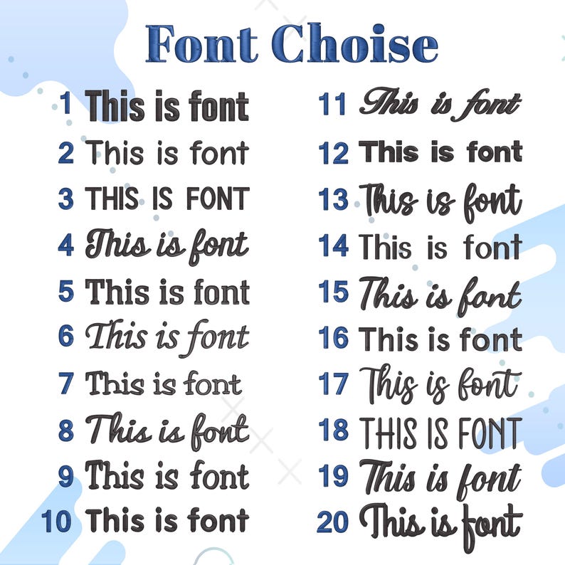 Puede incluir: Un gr&aacute;fico con 20 estilos de fuente diferentes, numerados del 1 al 20. Cada estilo de fuente se muestra con el texto "This is font" en el estilo correspondiente.