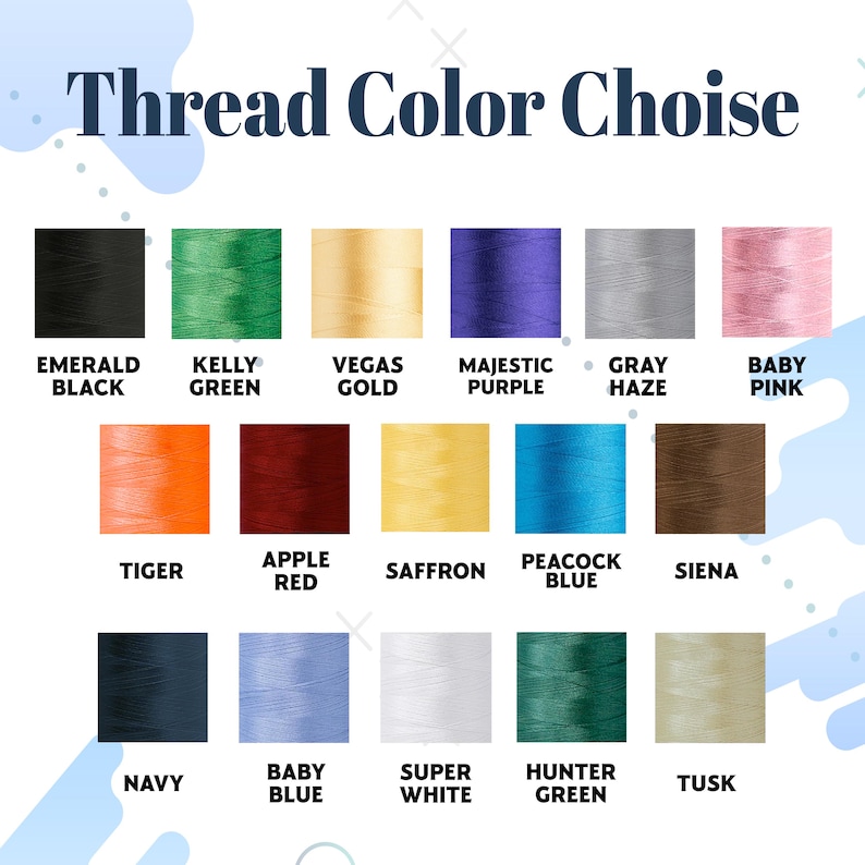 Puede incluir: Una tabla de colores de hilo con nombres para cada color. Los colores incluyen negro esmeralda, verde kelly, oro de Las Vegas, morado majestuoso, gris neblina, rosa beb&eacute;, tigre, rojo manzana, azafr&aacute;n, azul pavo real, siena, azul marino, azul beb&eacute;, blanco s&uacute;per, verde cazador y marfil.