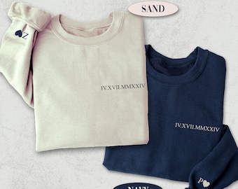 Custom Roman Numeral Sweatshirt With Initials On Sleeve, Personalized Valentines Day Hoodie, Matching Couple Outfit, Anniversary Date Gifts