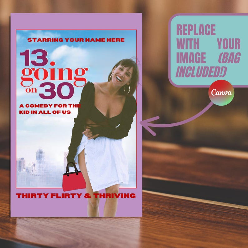 May include: A mock-up book cover design with a lilac border featuring the text "13 Going on 30" and "Thirty Flirty & Thriving." The design includes a photo of a woman and a red handbag. The text "Starring Your Name Here" is at the top.