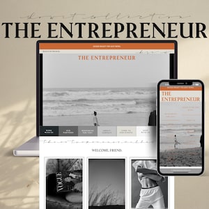 May include: A website and mobile app mockup for "The Entrepreneur" with a black and white photo of a beach and a person walking on the sand. The website has a menu with the options "Work with us", "Our Partners", "Resources for you", "About Contact", "Come to our Events", and "Shop with us". The mobile app has a similar menu with the text "Read on our blog".