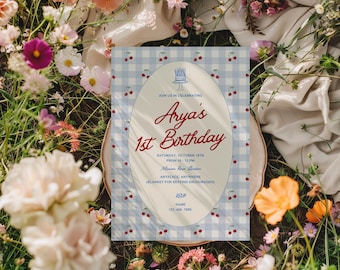 Checkered Cherry Birthday Invitation: Retro Gingham Party, Editable Canva Template (Digital Download)