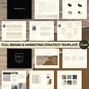 May include: A digital marketing strategy template with various pages, including an industry analysis, colour guide, and audience sections. The template features a Canva logo and the text "Full Brand & Marketing Strategy Template".