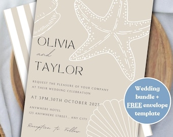 Könnte beinhalten: Eine beigefarbene Hochzeitseinladung mit einem weißen gestreiften Hintergrund. Die Einladung zeigt einen Seestern und Muscheln mit dem Text "OLIVIA und TAYLOR" und "REQUEST THE PLEASURE OF YOUR COMPANY AT THEIR WEDDING CELEBRATION AT 3PM, 30TH OCTOBER 2023 ANYWHERE HOTEL 123 ANYWHERE STREET., ANY CITY Reception to Follow".