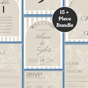 May include: A set of printable wedding stationery with a beach theme. The design features a beige background with white starfish and the text "Olivia & Taylor" in black script font. The text "Welcome to the Wedding of" is also included in black font. The text "RSVP" is in black font and the text "Kindly reply by the 3rd of May" is in black font. The text "Olivia & Taylor" is also included in black font. The text "Request the pleasure of your company at their wedding celebration" is in black font. The text "At 3 PM, 30th October 2023" is in black font. The text "Anywhere Hotel, 123 Anywhere Street, Any City" is in black font.