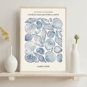 Arte de pared con conchas marinas para casa de playa, arte de conchas para la entrada de la habitación, impresión de refrán francés, póster costero para la oficina, decoración de pared costera, arte francés