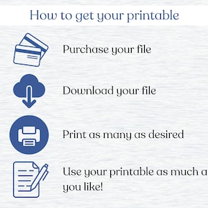 May include: A blue and white infographic with four steps on how to get a printable. The steps are: purchase your file, download your file, print as many as desired, and use your printable as much as you like.