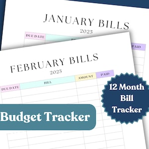 Könnte beinhalten: Ein druckbarer Haushaltsplaner mit einem blauen, gelben und rosa Farbschema. Der Planer soll Ihnen helfen, Ihre Rechnungen für 12 Monate zu verfolgen. Der Text auf der Seite lautet "Januar-Rechnungen 2025", "Februar-Rechnungen 2025", "Fälligkeitsdatum", "Rechnung", "Betrag", "Bezahlt", "Haushaltsplaner" und "12-Monats-Rechnungs-Tracker".