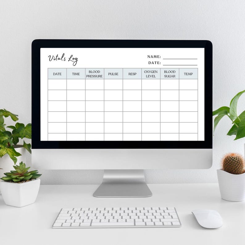 This in home care vital sign chart is shown being used daily on a computer. This is an editable instant download