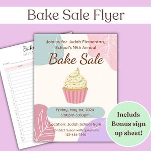 Custom bake sale flyer template for school bake sale poster for sport team fundraiser poster for church editable PTA bake sale sign up sheet