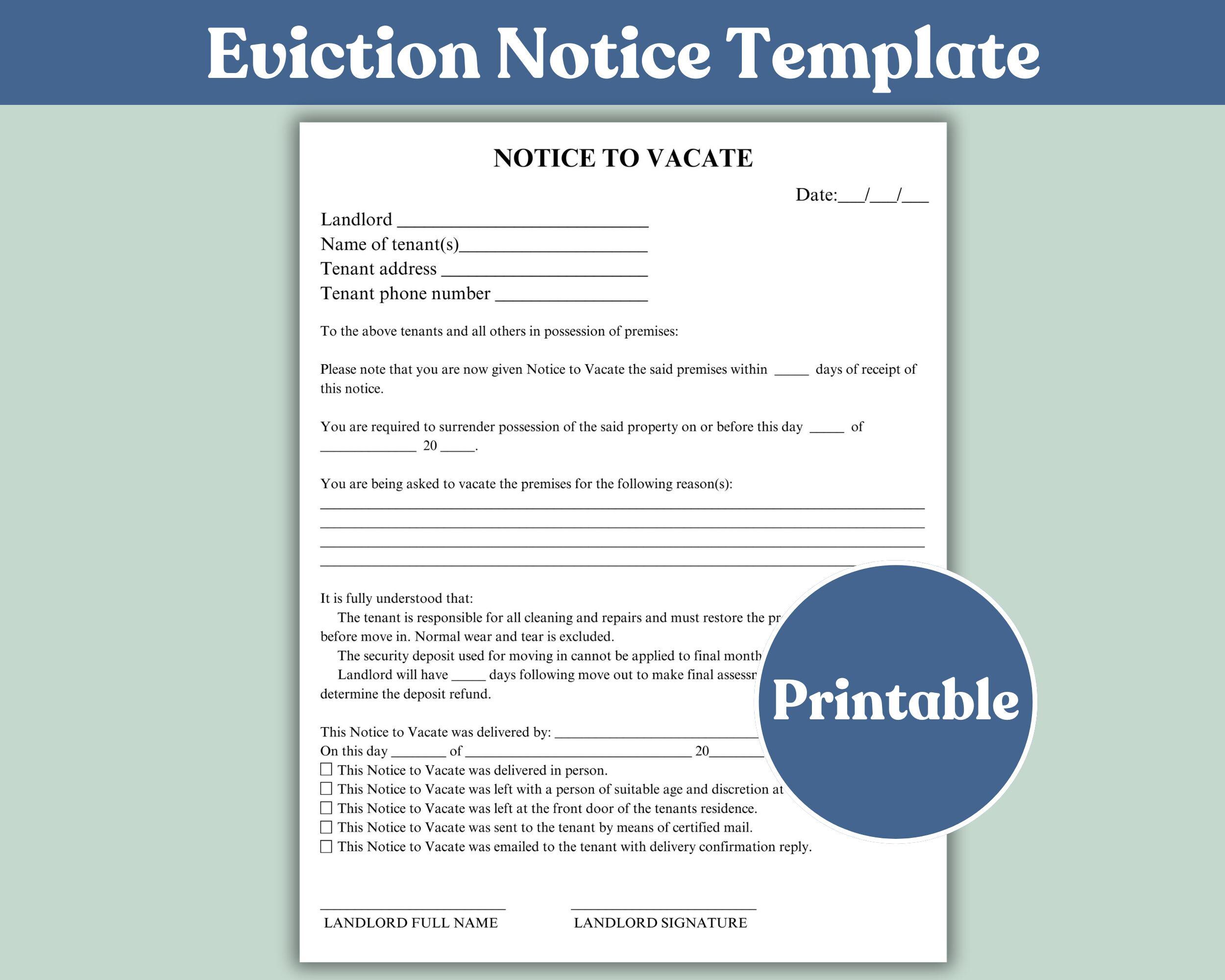 Eviction Notice Template for Tenant Notice to Vacate Form Eviction ...