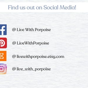 Peut inclure: Un graphique avec des ic&ocirc;nes de m&eacute;dias sociaux et des noms d'utilisateurs pour Facebook, Pinterest, Etsy et Instagram. Le texte indique "Find us out on Social Media!" suivi des noms d'utilisateurs : @Live With Porpoise, @LiveWithPorpoise, @livewithporpoise.etsy.com et @live_with_porpoise.