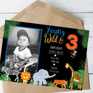 young wild and 3 birthday party invite young wild and three birthday invitation safari bday invite animal bday invite jungle invite template