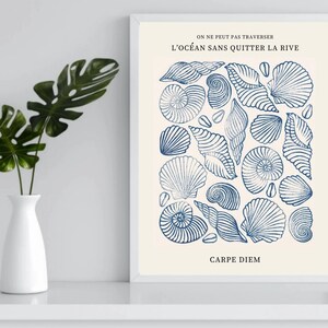 seaside poster for office wall decor seashell them with french saying carpe diem