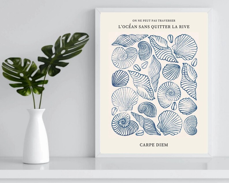 seaside poster for office wall decor seashell them with french saying carpe diem