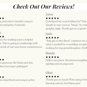 May include: Cream-colored graphic with the text "Check Out Our Reviews!" followed by customer testimonials and star ratings. Reviews mention ease of use, helpfulness, and satisfaction with the product.