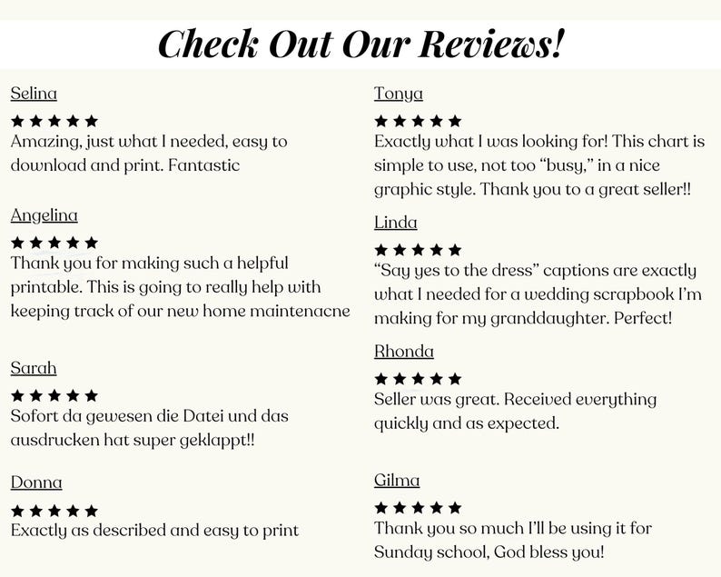 May include: Cream-colored graphic with the text "Check Out Our Reviews!" followed by customer testimonials and star ratings. Reviews mention ease of use, helpfulness, and satisfaction with the product.