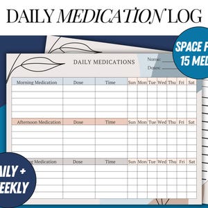 Puede incluir: Un registro de medicamentos diario y semanal imprimible con espacio para 15 medicamentos. El registro tiene secciones para medicamentos de la mañana, tarde y noche, con columnas para el nombre del medicamento, la dosis, la hora y los días de la semana. El registro está decorado con un diseño simple de hoja.