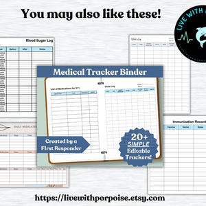 May include: A digital printable medical tracker binder with 20+ simple editable trackers. The cover features a blue background with the text "Medical Tracker Binder" and a blue dolphin logo with the text "Live with Porpoise". The binder includes trackers for blood sugar, daily medication, vital signs, immunisation records, and a list of medications for 911.
