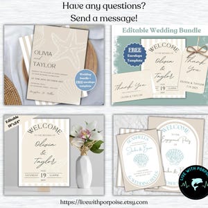 May include: Editable wedding invitation bundle with a beach theme. The bundle includes a welcome sign, thank you card, and save the date card. The cards feature a seashell design and a striped background.